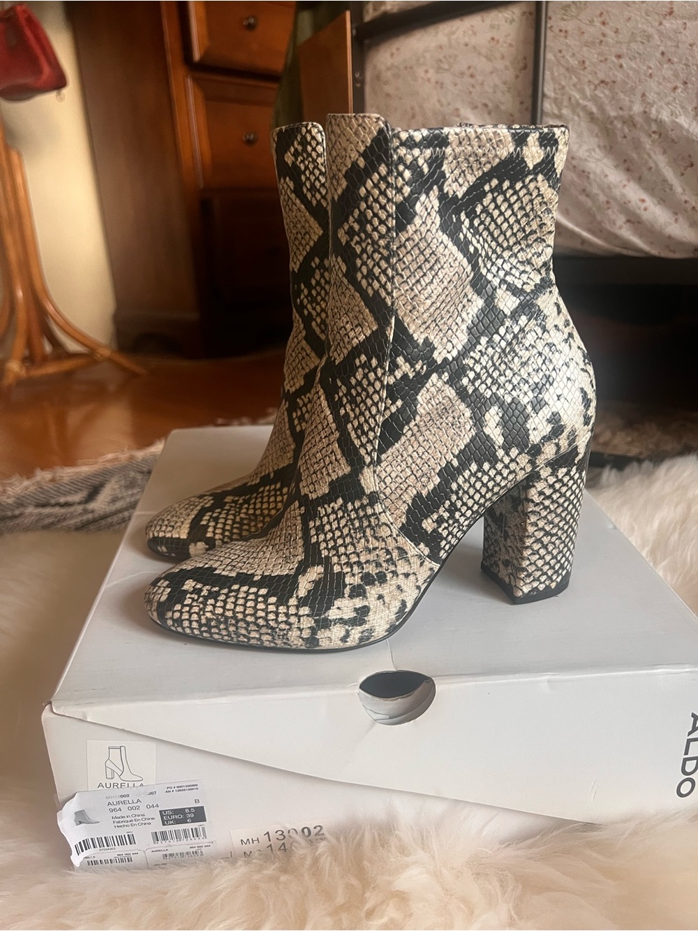 ALDO Aurella Women's Snake Print Block Heel Ankle Boots - Beige/Black